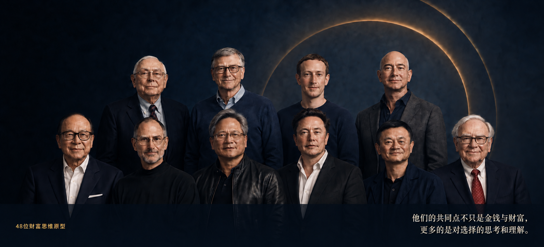 十位商业人物群像，深蓝背景与金色光环